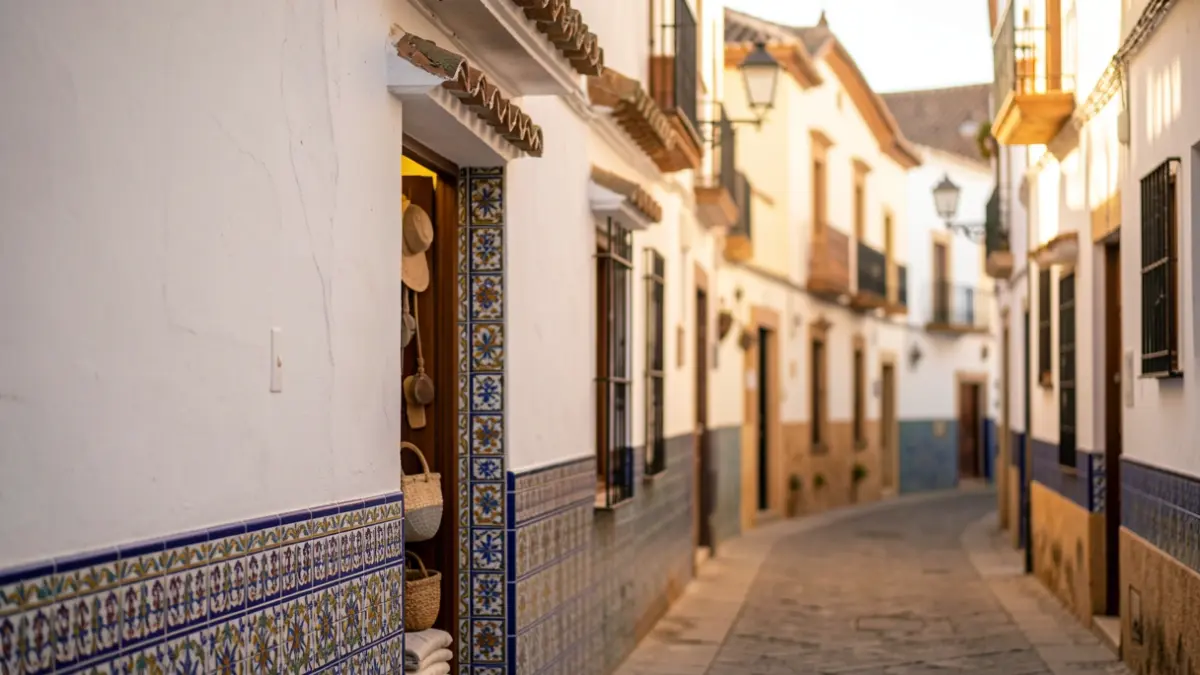 Fachada de una tienda de artesanía tradicional en una calle de Andalucía.