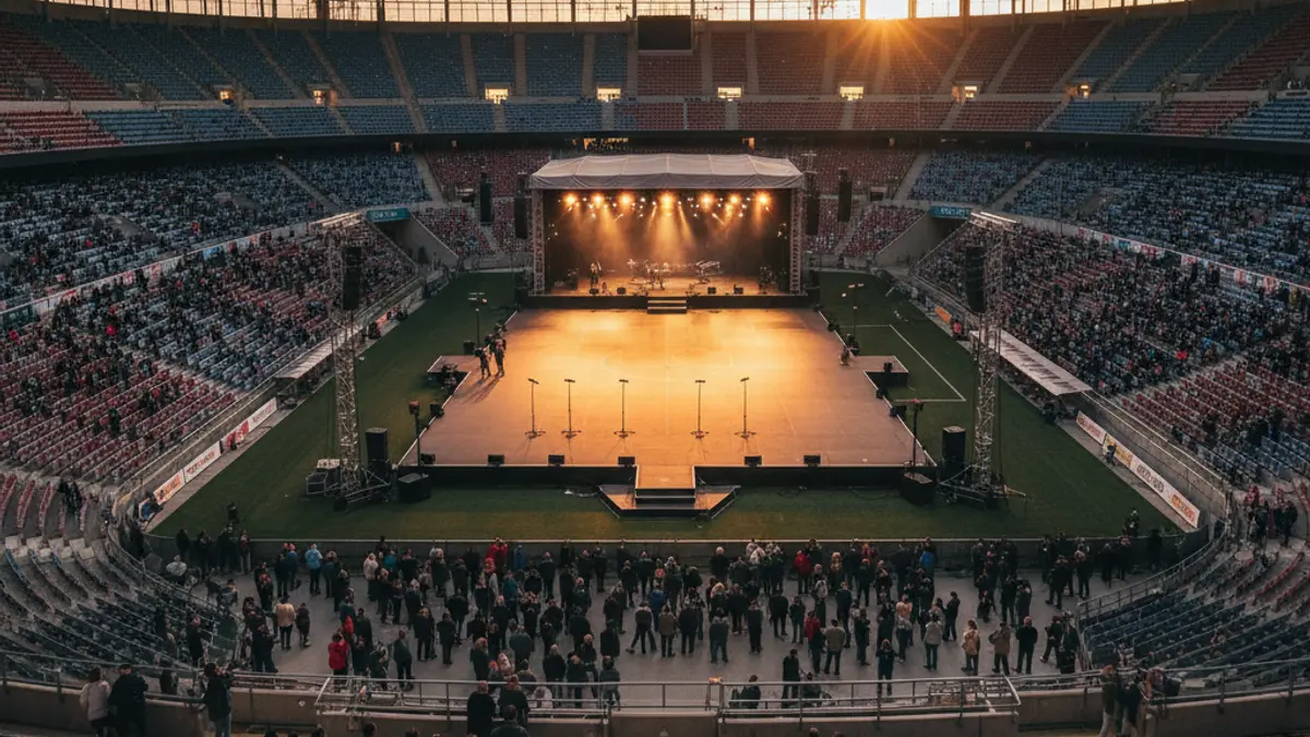 Image of an empty stadium with a stage set for a musical event.