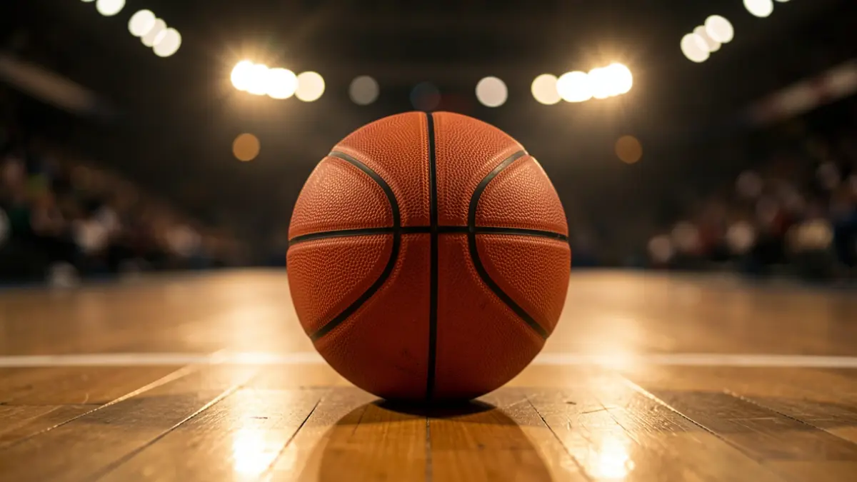Close-up of a basketball on a wooden court with blurred stadium lights.