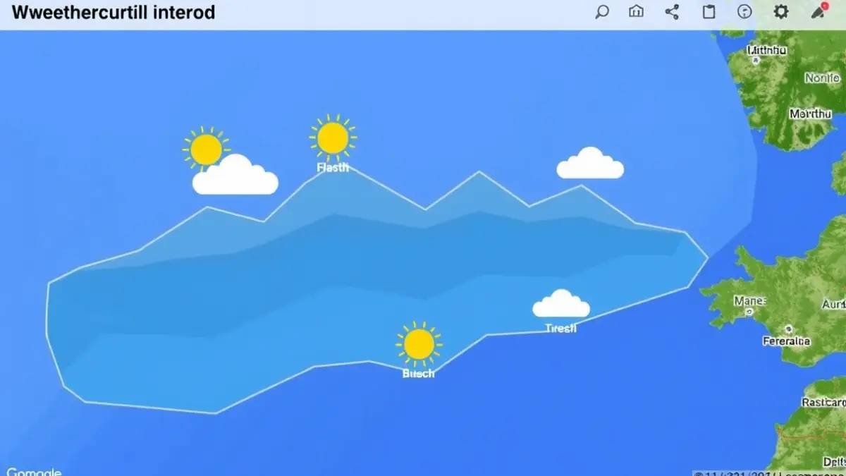 Generic image of a weather map with sun and cloud symbols, indicating rising temperatures in the interior of an Andalusian province.