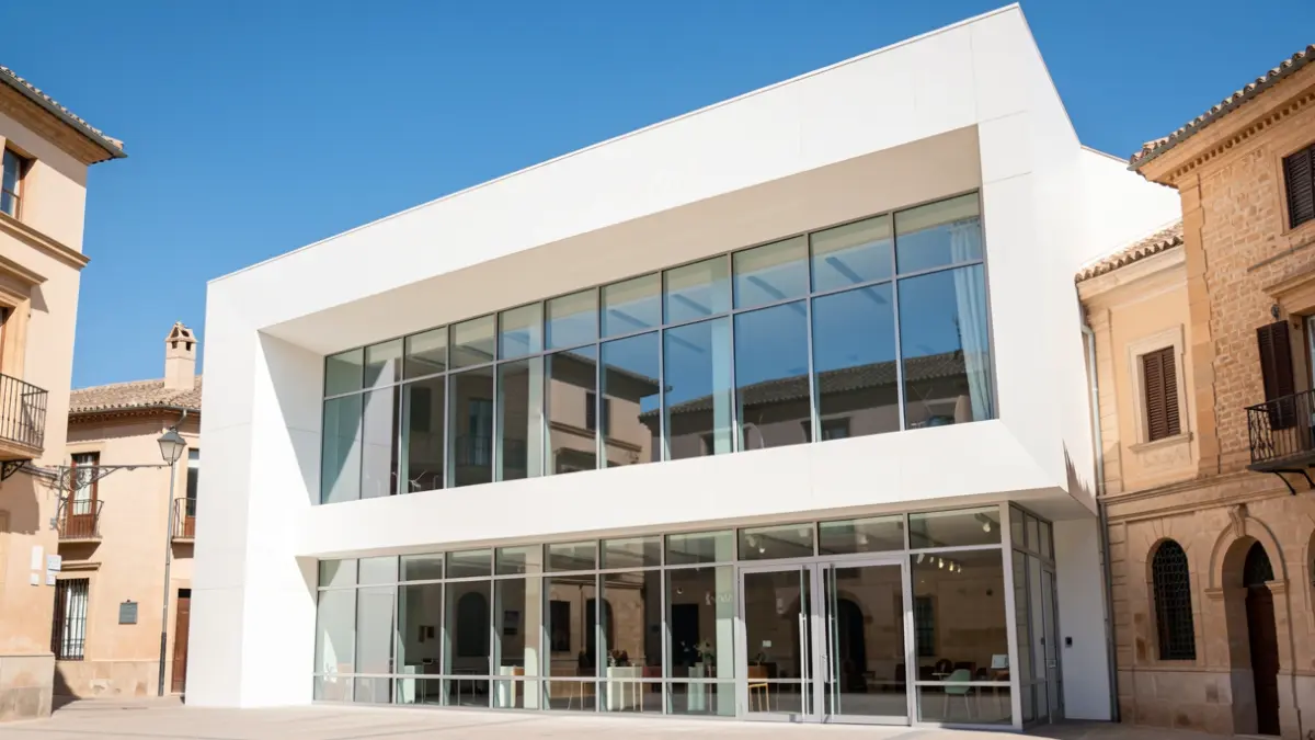 Facade of a modern cultural center in Granada, Spain, with clean lines and large windows.