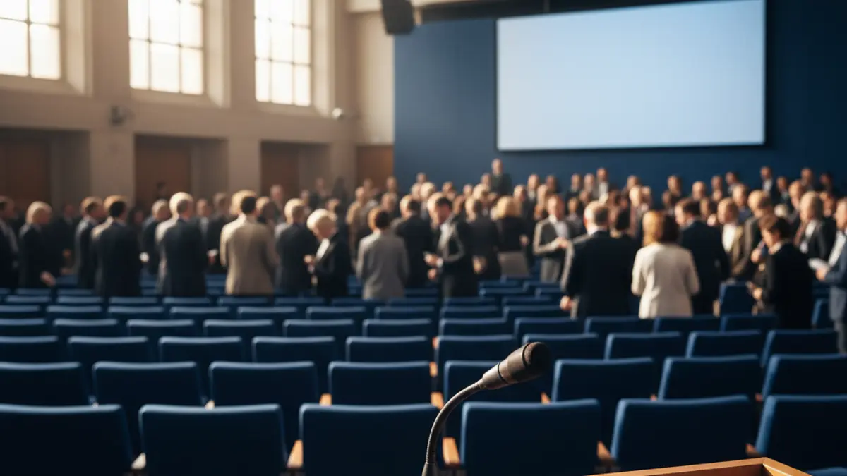 Generic image of a microphone on a podium in an auditorium, symbolizing an institutional event.