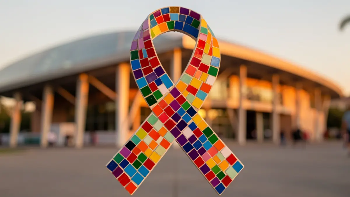 Autism awareness ribbon made of colorful mosaic tiles at the Pabellón de la Navegación in Sevilla.
