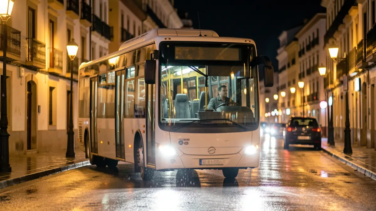 Imagen genérica de un autobús urbano circulando por una calle de noche.