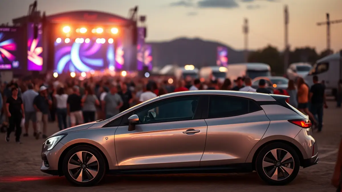 Imagen de un coche moderno en un festival, con gente y luces de fondo.