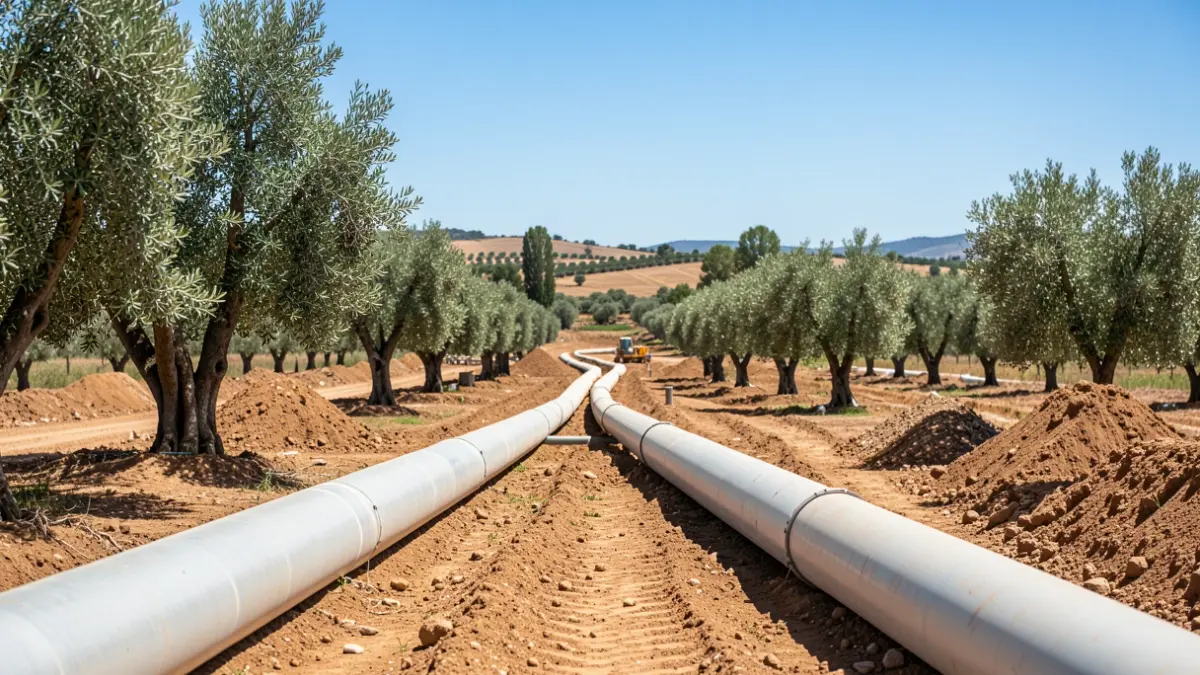 Image of the construction work for the Iznájar-Casilla del Monte supply pipeline in Córdoba.