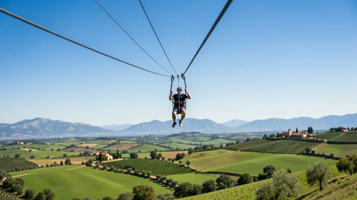 Image of a zipline suspended over a green, mountainous landscape in Andalusia.