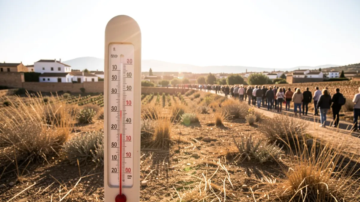 Generic image of a thermometer showing high temperatures in a dry Andalusian landscape under intense sun.