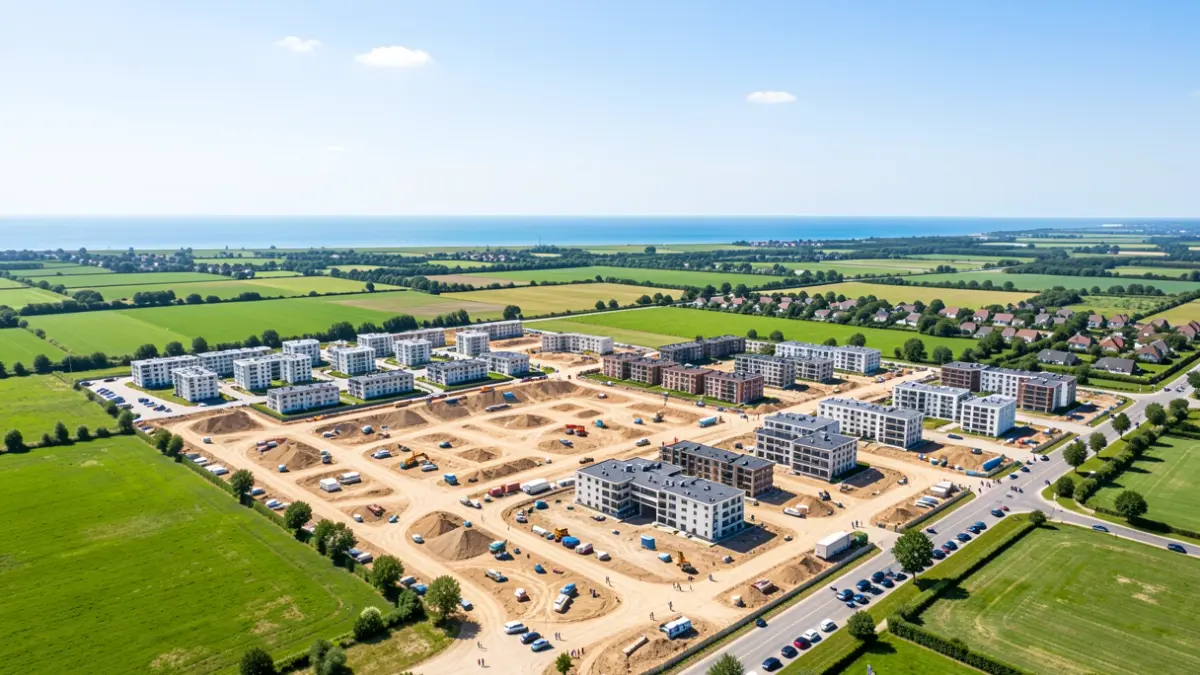 Aerial view of a residential development area in Barbate with urbanization works and housing construction.