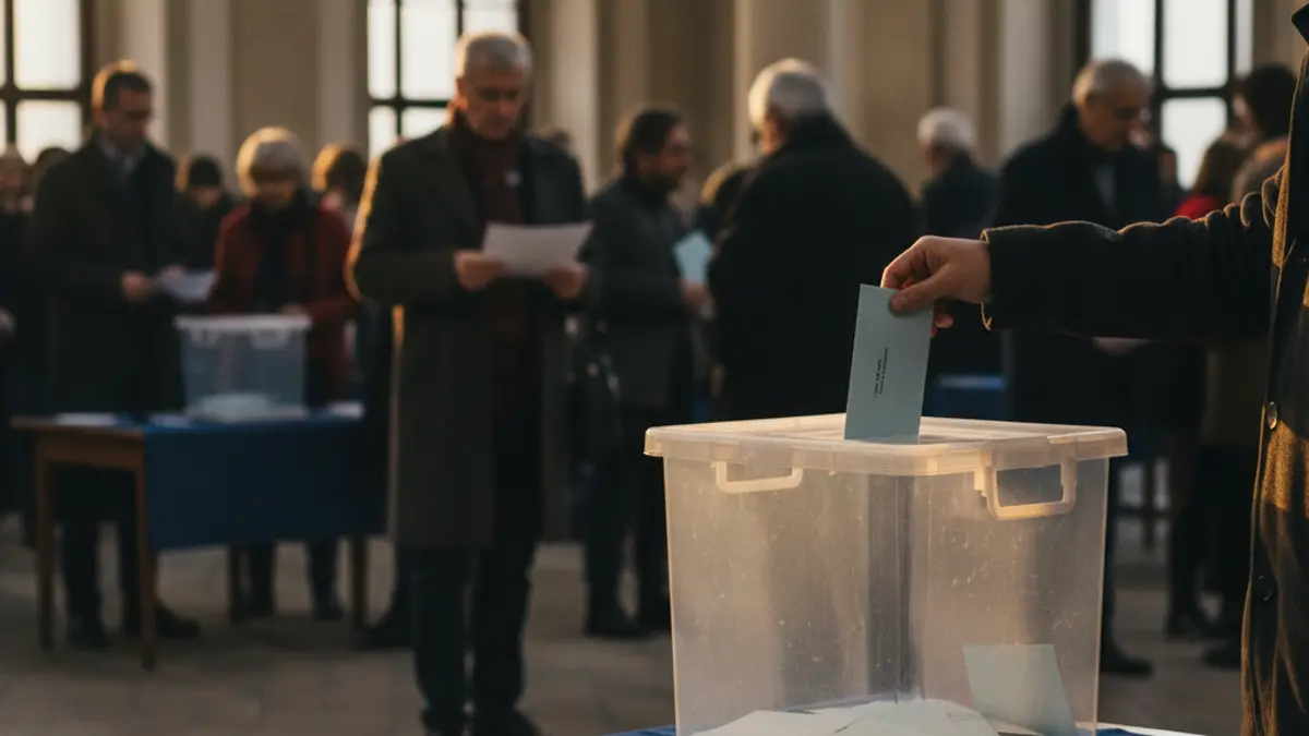 Imagen genérica de una urna electoral con personas votando al fondo.