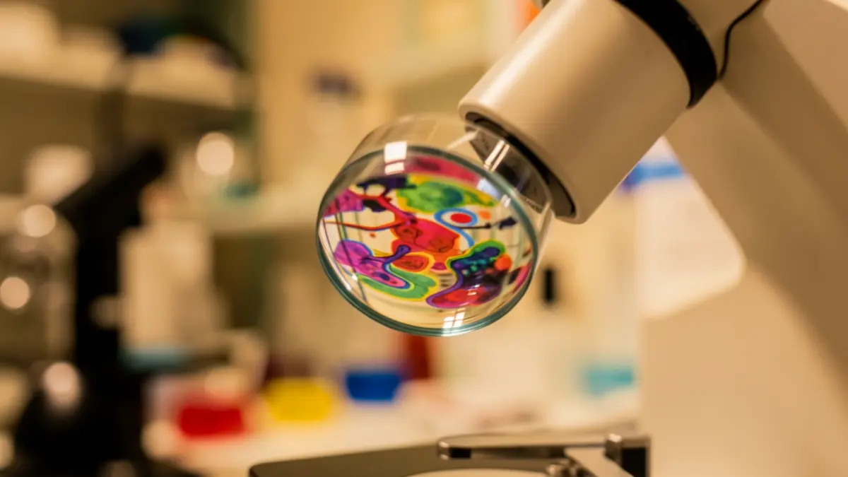 Imagen genérica de un microscopio enfocado en patrones biológicos abstractos.