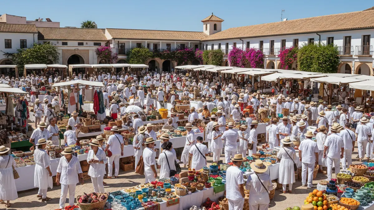 Image of a Mediterranean market with artisan and gastronomy stalls, people dressed in white, and Andalusian architecture.