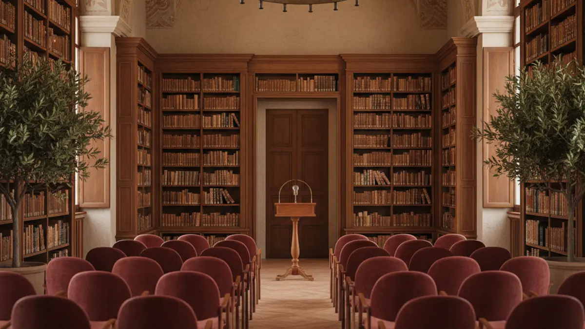 Imagen genérica de un cinefórum o sala de proyecciones con un micrófono y sillas vacías.