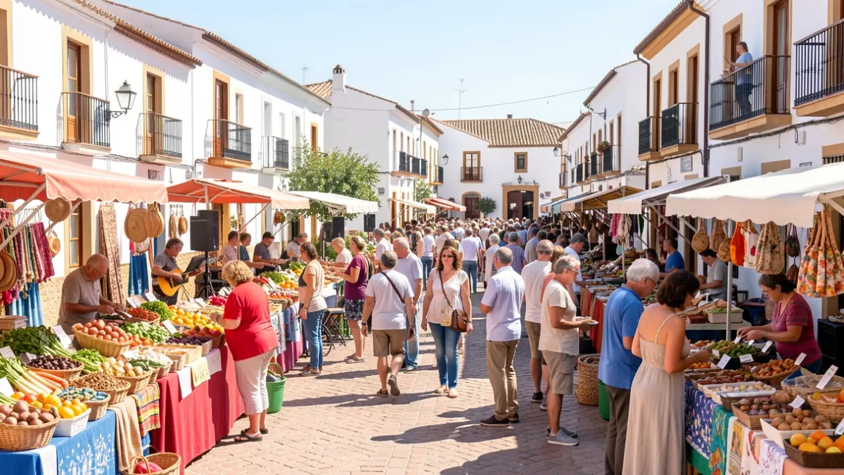 Generic image of an outdoor market in an Andalusian square with stalls of local products and crafts.