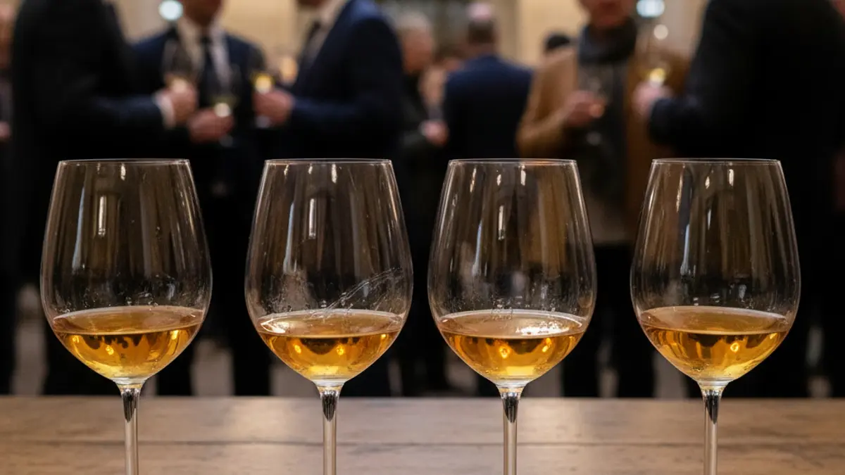Generic image of wine glasses at a tasting event, with people interacting in the background.
