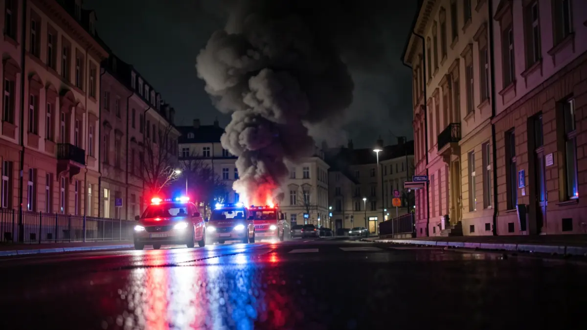 Imagen de una columna de humo negro visible desde un edificio con luces de emergencia rojas y azules reflejándose en el asfalto mojado.