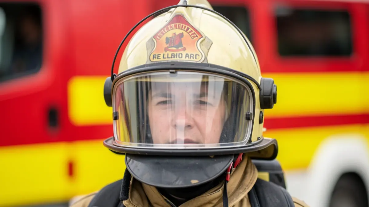 Generic image of a firefighter's helmet with a blurred red and yellow background.