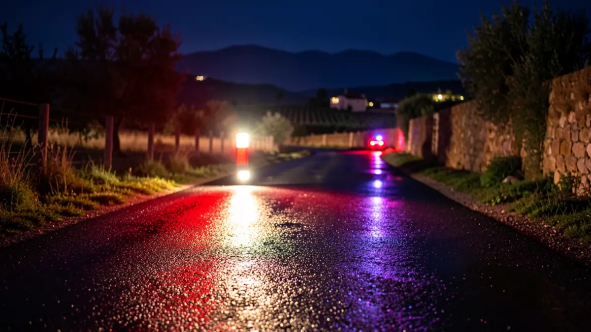 Imagen genérica de luces de emergencia reflejándose en asfalto mojado por la noche.