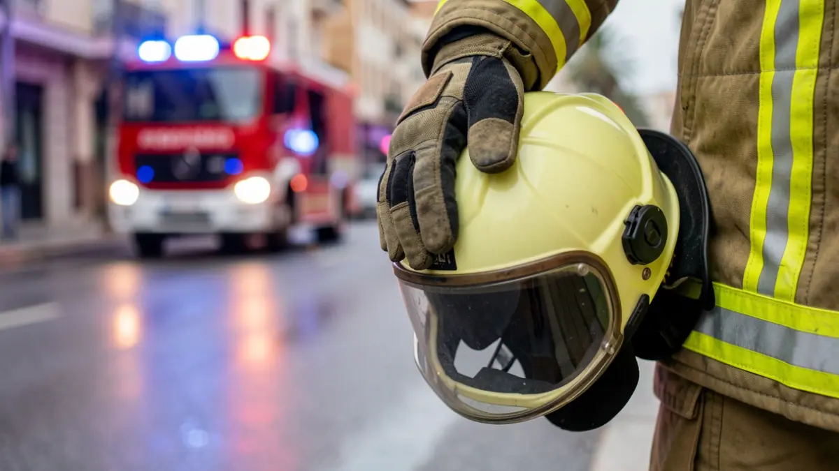 Imagen genérica de un bombero con luces de emergencia borrosas.