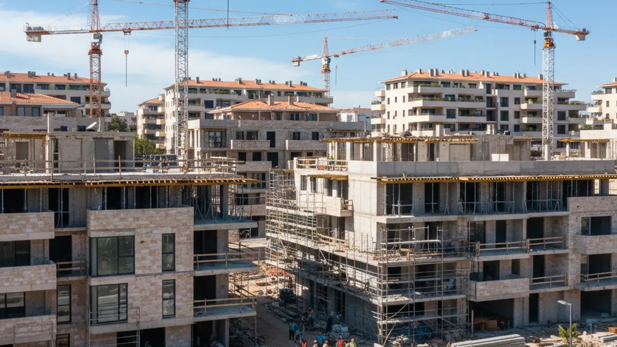 Imagen de un área residencial en construcción con edificios y grúas.