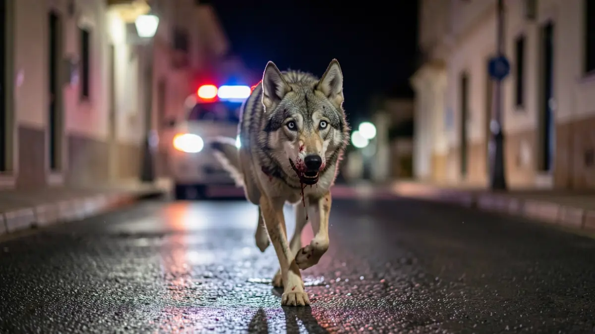 Image of an injured and scared wolf-dog running away in the dark.