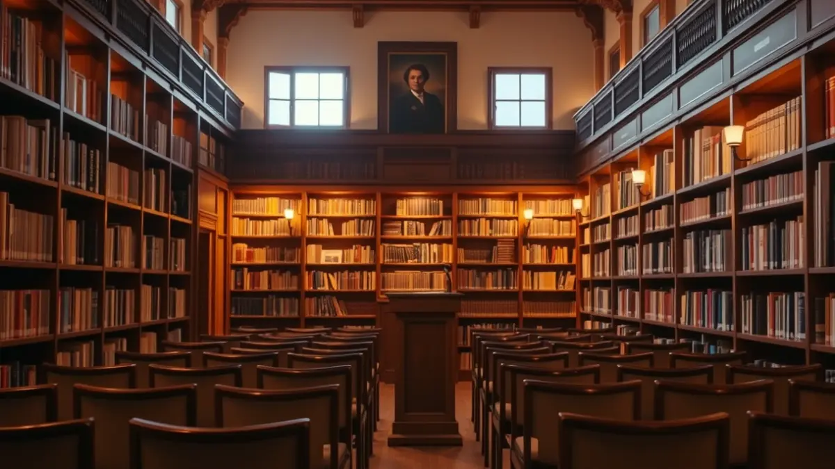 Imagen genérica de un interior de biblioteca o sala de actos con un micrófono, representando un evento cultural.