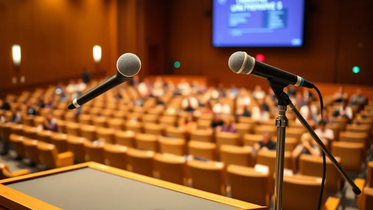 Generic image of a podium with a microphone in a university lecture hall, symbolizing an academic debate.