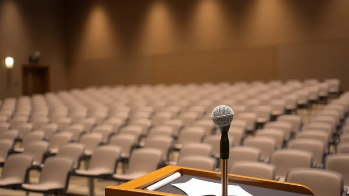 Generic image of a microphone on a podium, symbolizing a political debate.