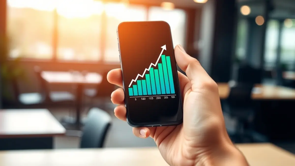 Imagen genérica de crecimiento económico y emprendimiento, con una mano sosteniendo un smartphone que muestra un gráfico ascendente.