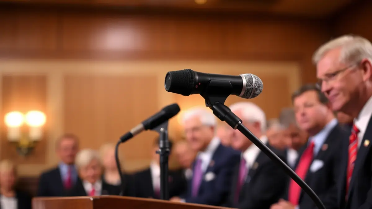 Generic image of a microphone on a podium, symbolizing a political speech.