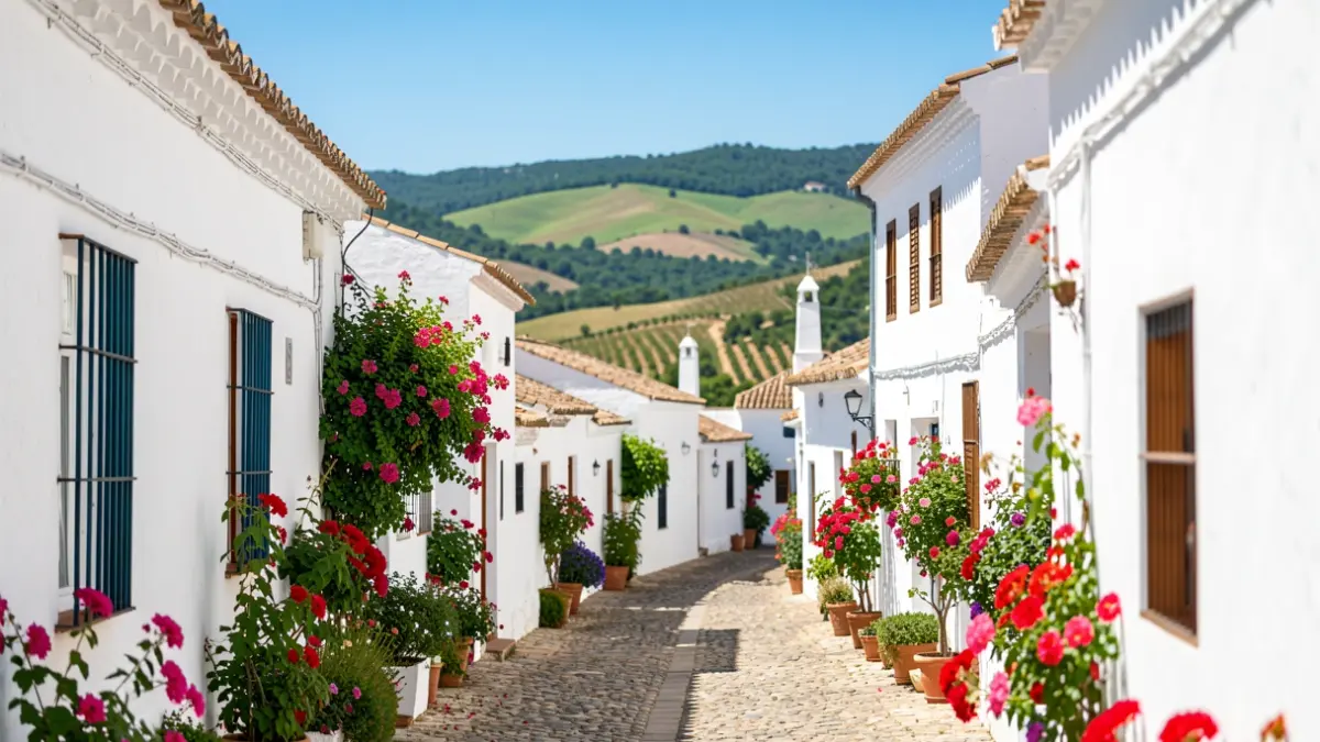 Imagen genérica de un pueblo blanco andaluz con calles estrechas y flores.