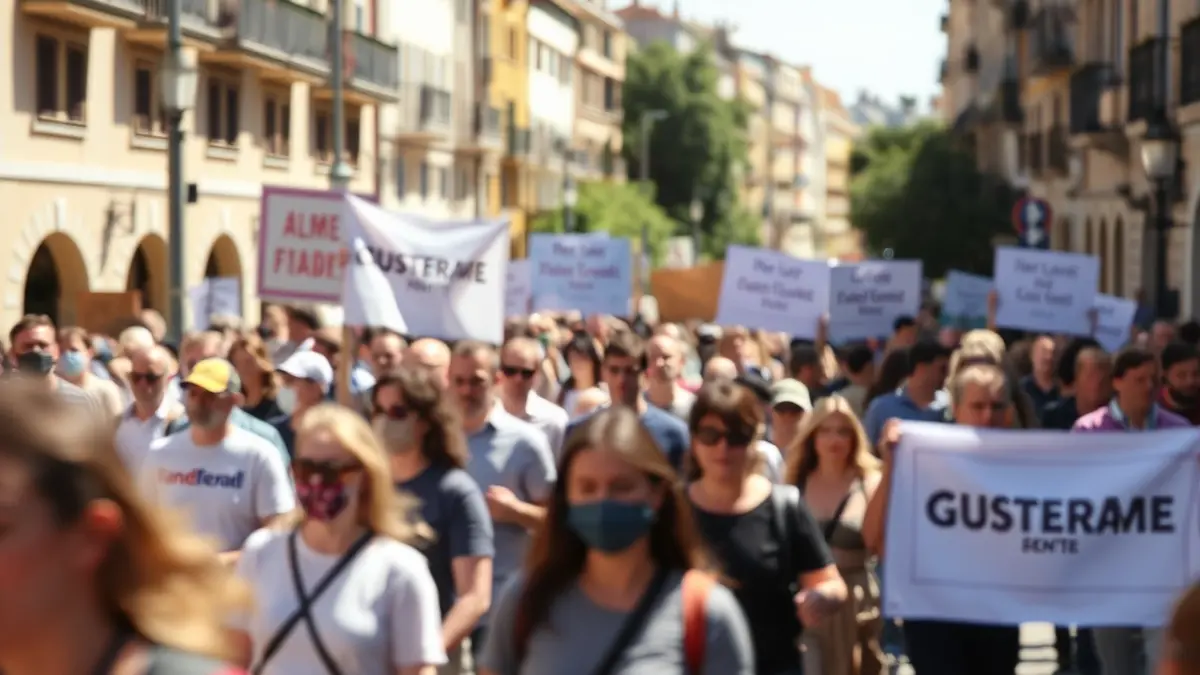 Imagen genérica de una manifestación con personas marchando y pancartas borrosas.