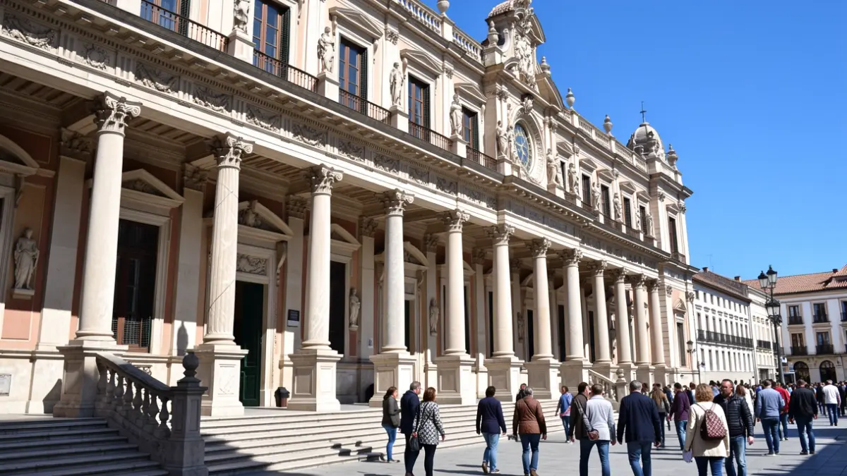 Fachada del Parlamento de Andalucía con columnas y detalles ornamentados bajo el sol del mediodía.