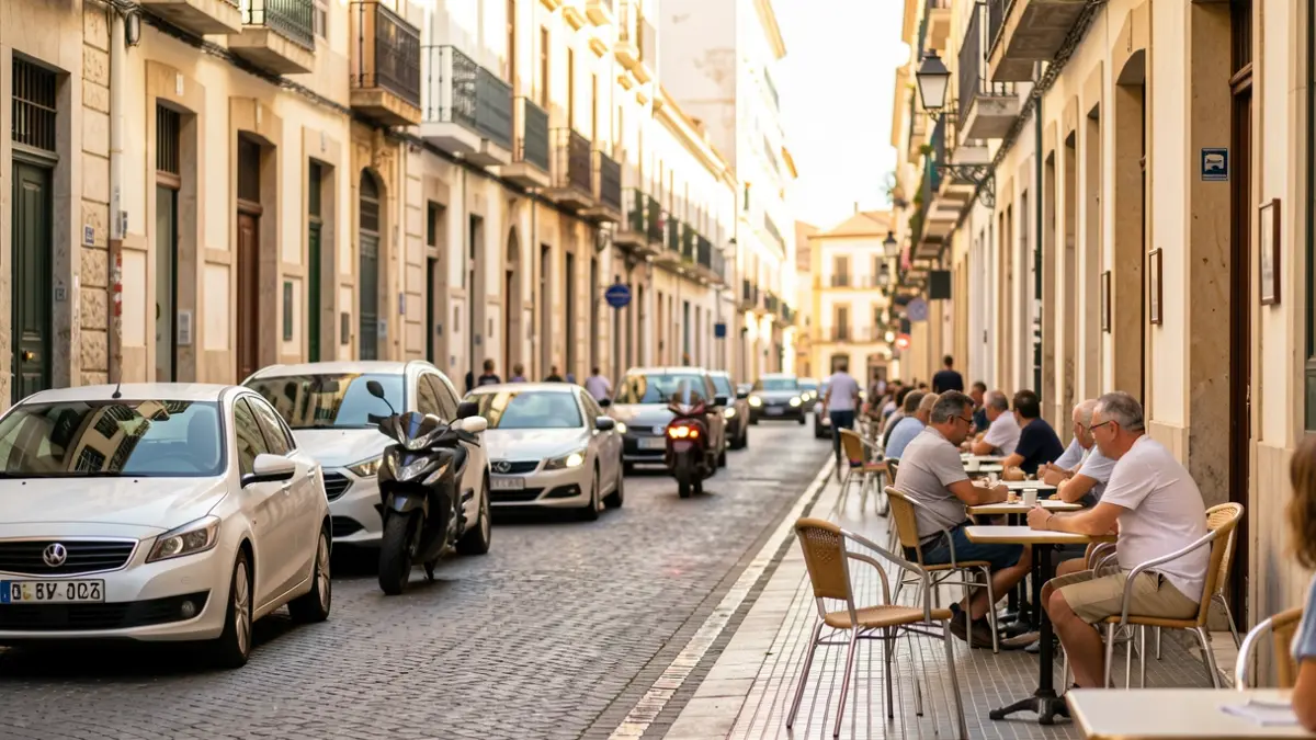 Imagen de una calle del casco antiguo de Cádiz con tráfico y peatones, mostrando indiferencia ante la nueva Zona de Bajas Emisiones.