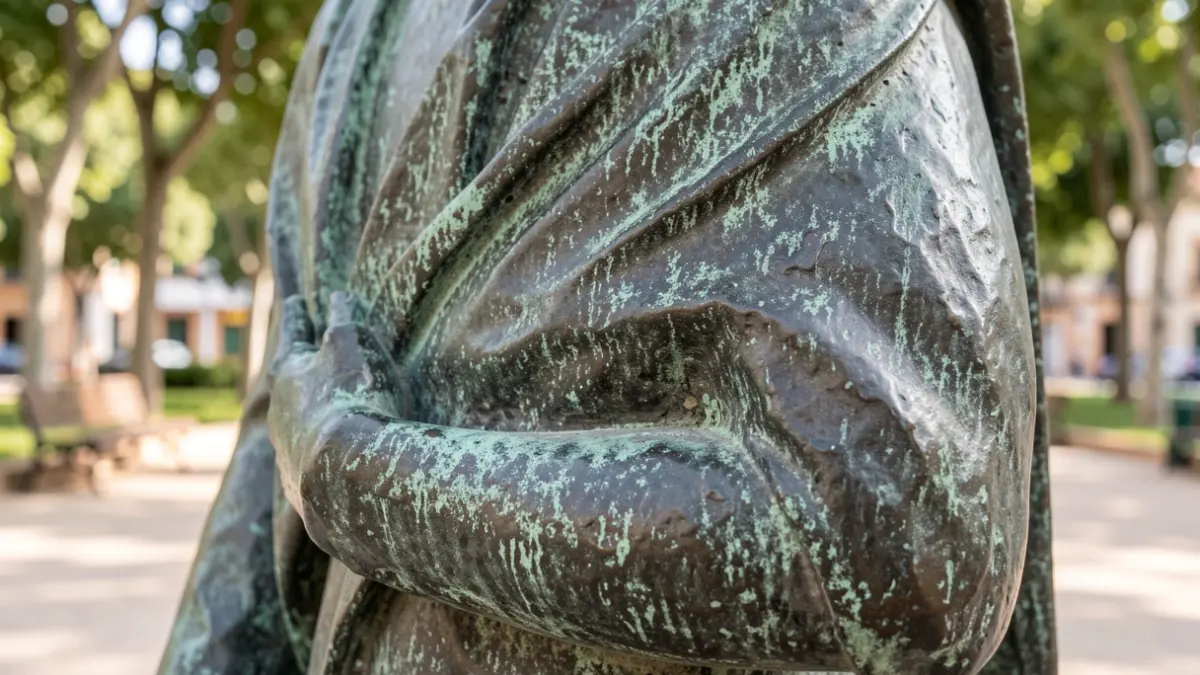 Primer plano de la superficie desgastada de una estatua de bronce en un parque público de Andalucía, mostrando detalles intrincados y signos de la edad, con luz solar suave resaltando la textura.
