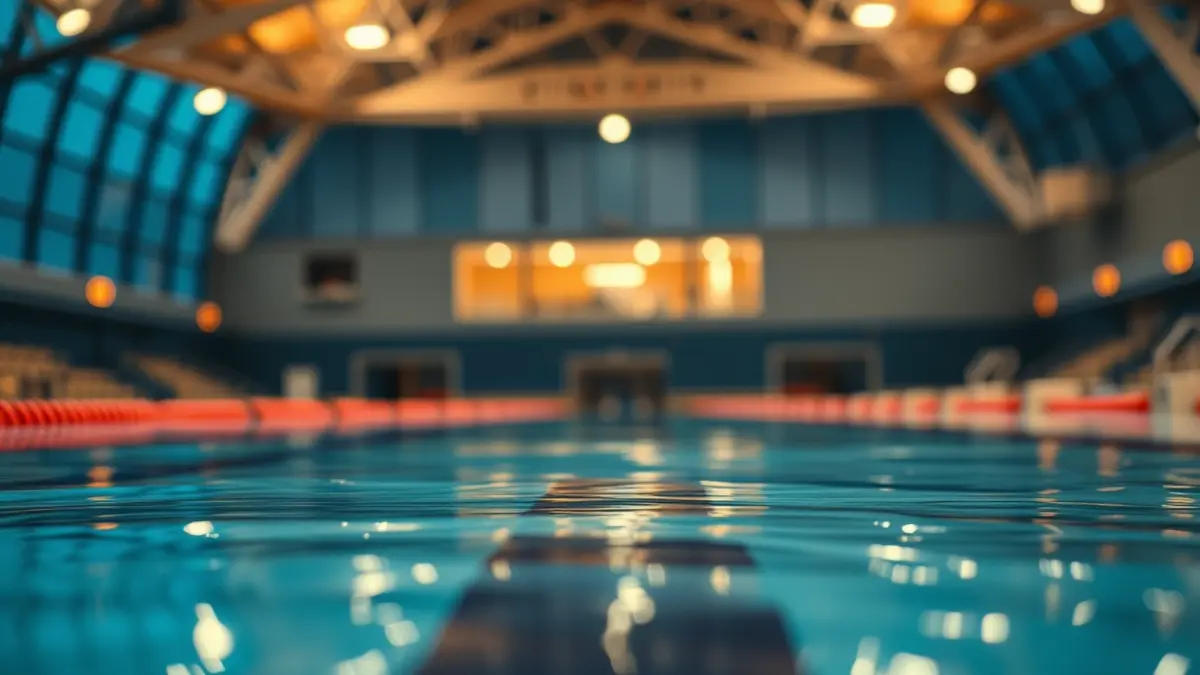 Generic image of an indoor swimming pool, with water reflecting light.
