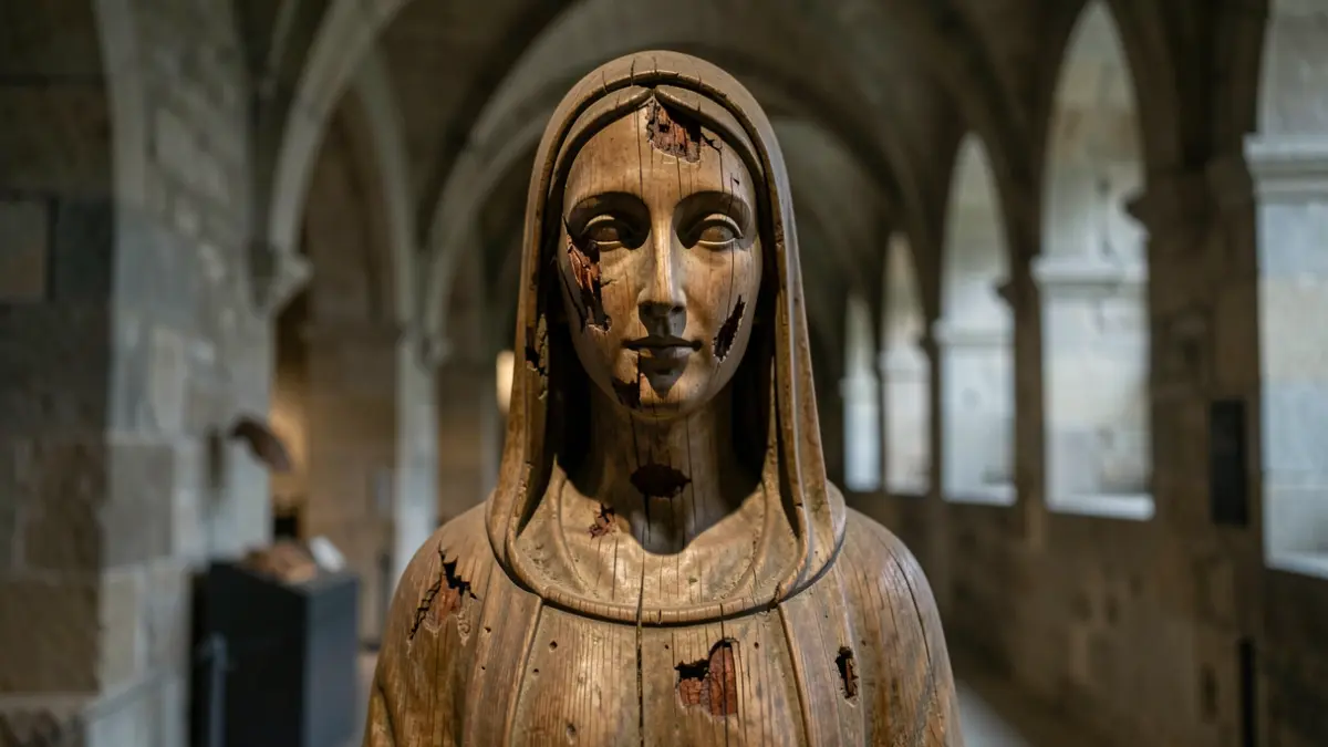 Réplica de la Virgen Vulnerata en el Museo Catedralicio de Cádiz, mostrando el daño histórico.