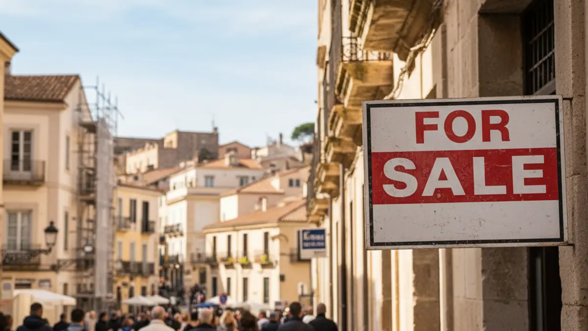 Image of a 'For Sale' sign on a building, symbolizing housing issues.
