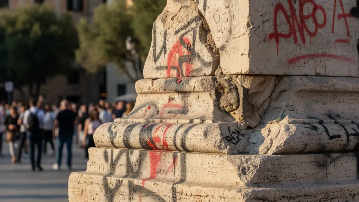Imagen de un monumento de piedra con grafitis y daños en una plaza urbana.