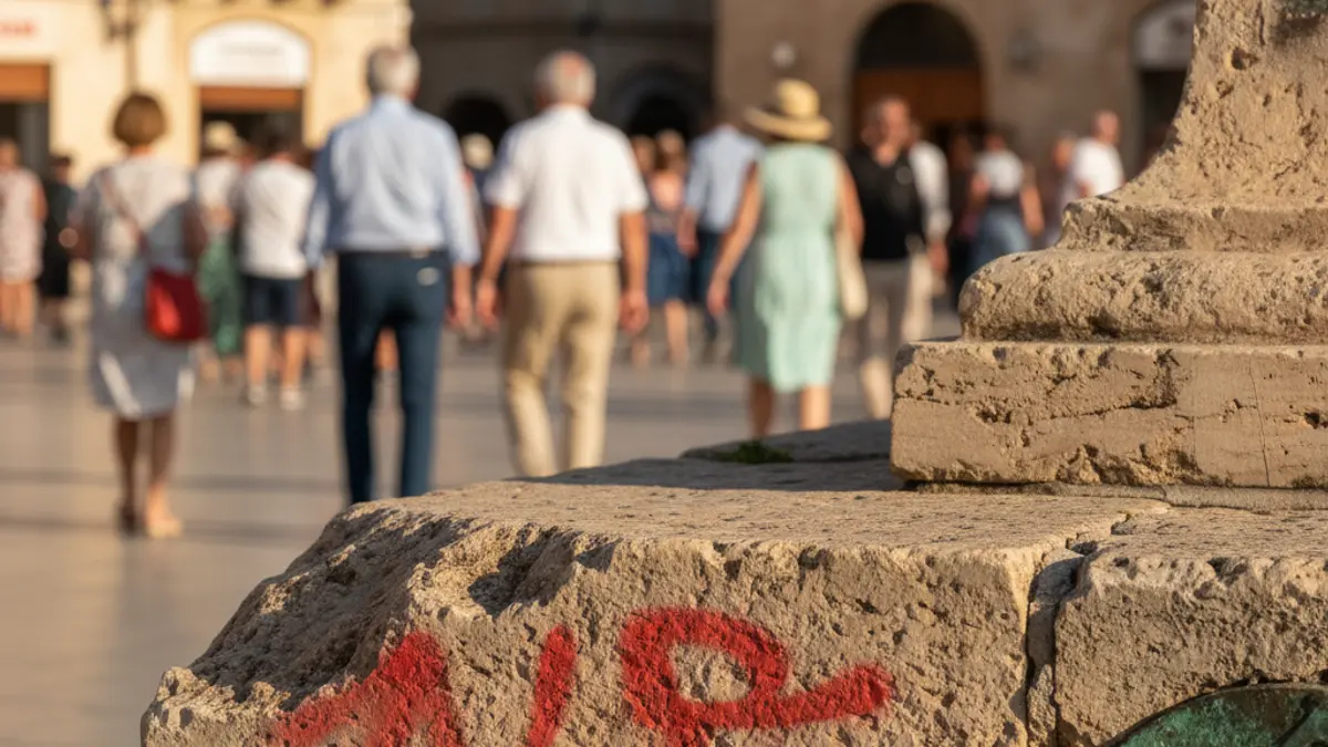 Imagen de la base de un monumento con grafitis y deterioros en una plaza de Cádiz.