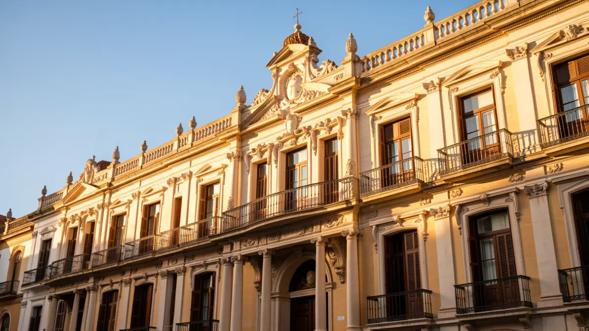 Facade of the Cádiz City Hall with ornate balconies and iron railings, under warm afternoon light and blue sky.