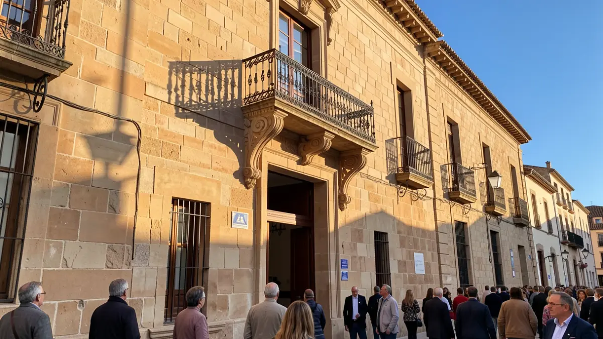 Fachada de un ayuntamiento andaluz con balcón de hierro y luz de tarde.