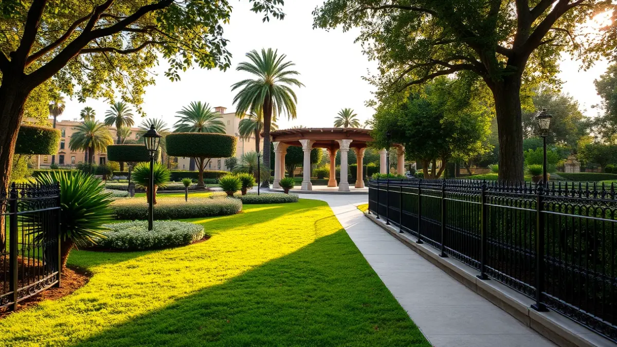 Imagen de un parque renovado en Cádiz con verjas de hierro forjado y una pérgola restaurada.