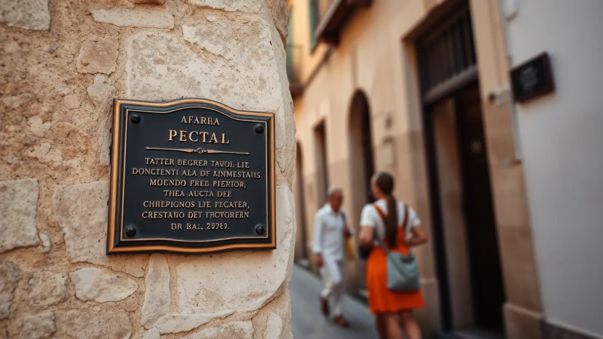 Placa conmemorativa en una calle estrecha de Cádiz