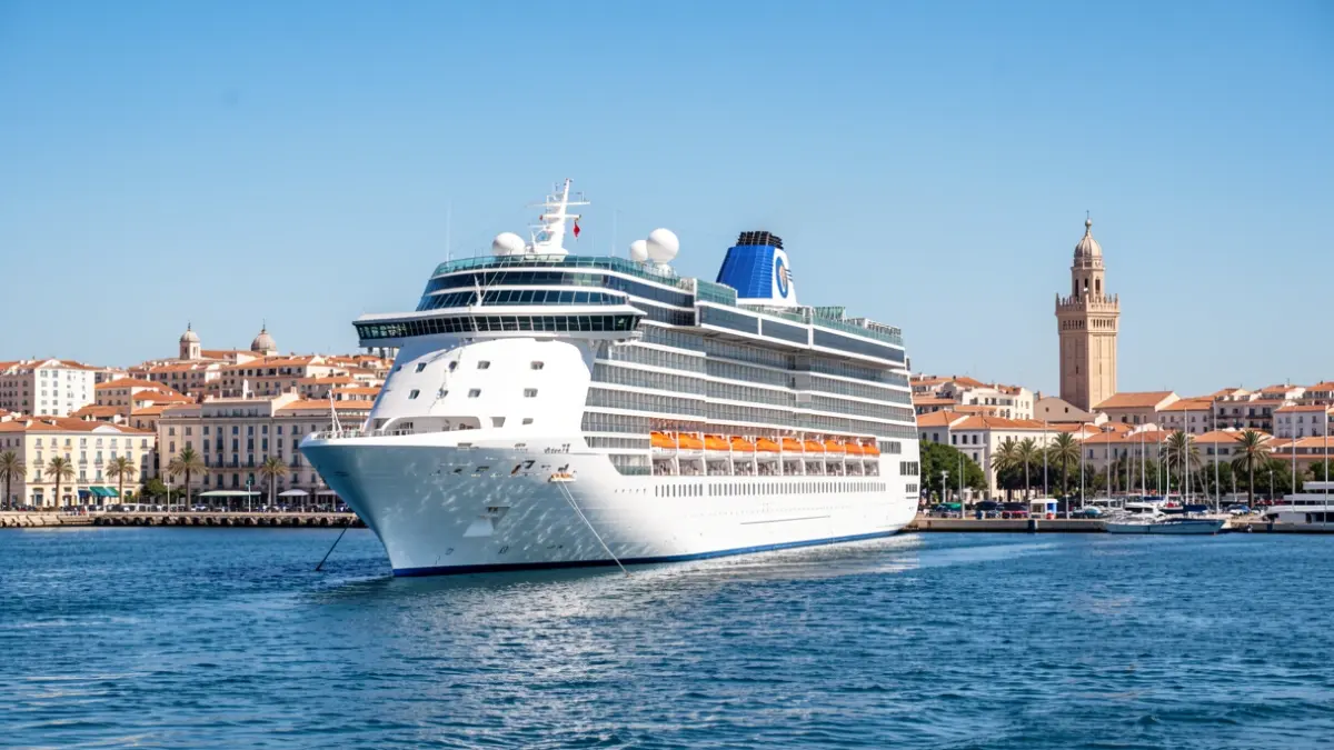 Imagen de un crucero atracado en el puerto de Cádiz con la ciudad de fondo.