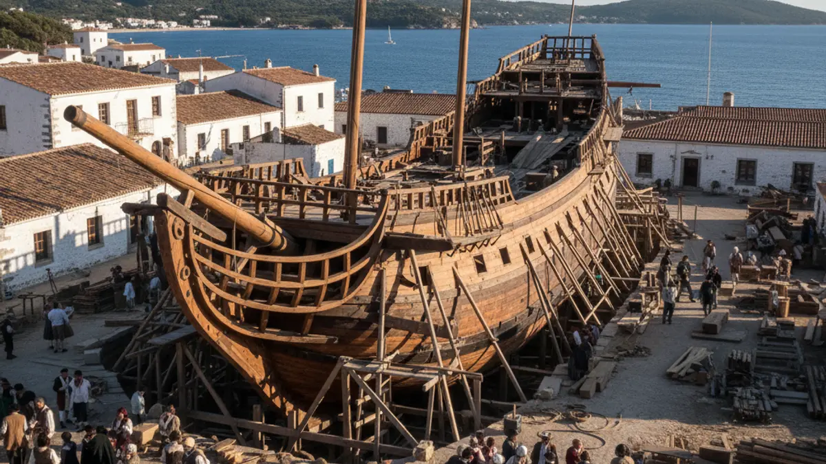 Image of a historic ship replica under construction, with wooden beams and tools.