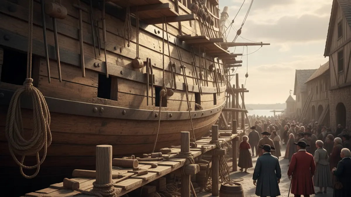 Image of the construction of a 16th-century nao replica in a shipyard.