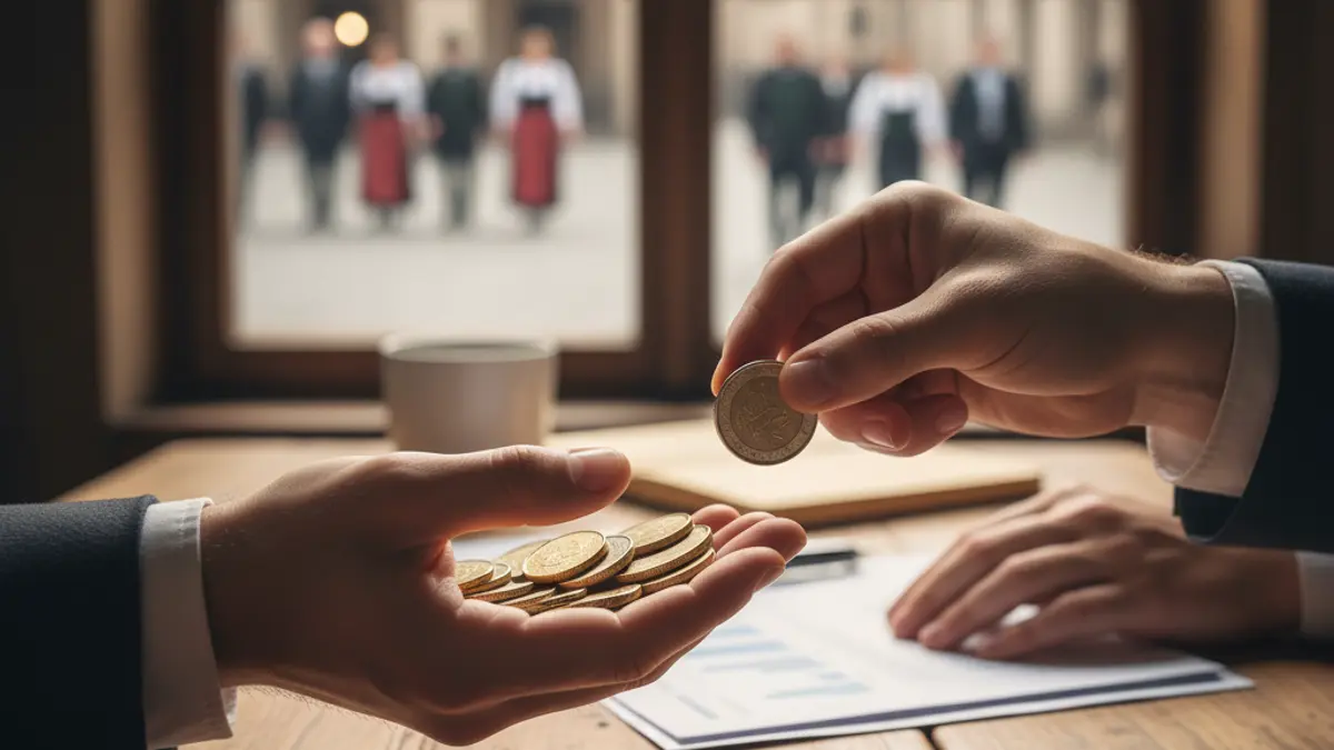Imagen genérica de manos intercambiando monedas sobre un escritorio, simbolizando transacciones financieras.