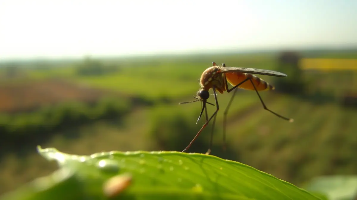 Imagen genérica de un mosquito sobre una hoja verde, con un paisaje rural de fondo.