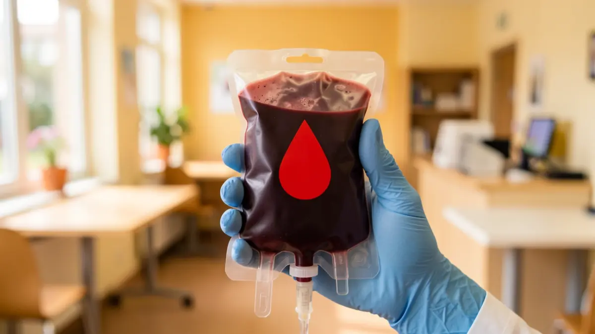 Generic image of a blood bag with a red drop symbol, held by a gloved hand.
